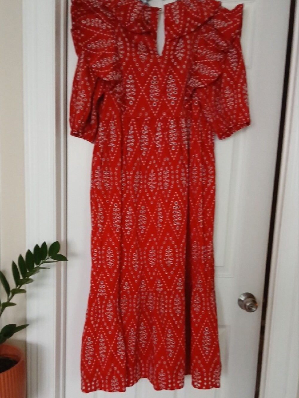 Zara Red Midi Dress with Ruffle V-Neck - Picture 4 of 8